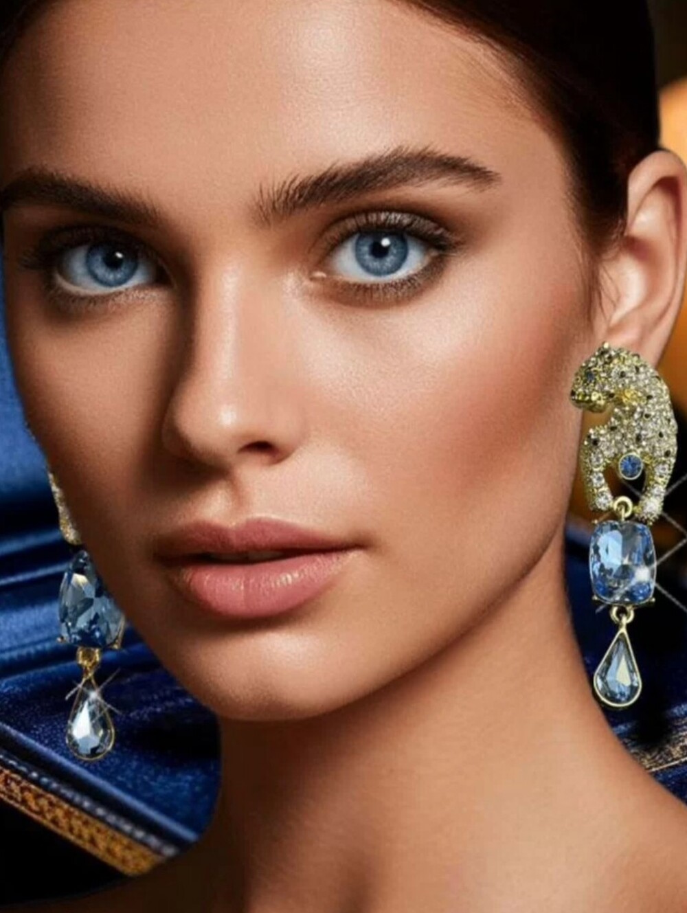 Leopard Elegant Gold-Plated Blue Crystal Necklace and Earrings Set NWOT